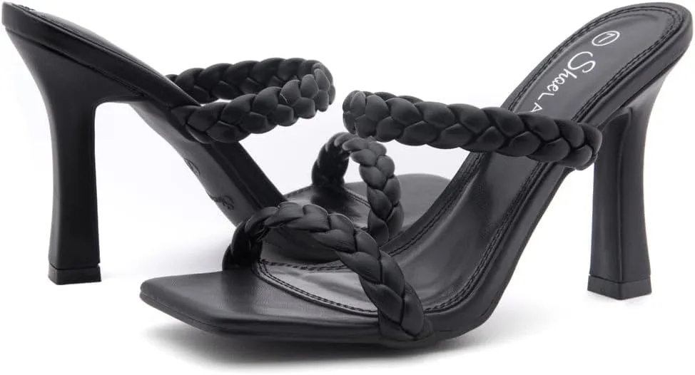 Shoe Land SL-Miley Women's Square Open Toe Heeled Mules Double Braided Strap Slide Sandals