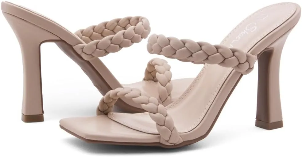 Shoe Land SL-Miley Women's Square Open Toe Heeled Mules Double Braided Strap Slide Sandals