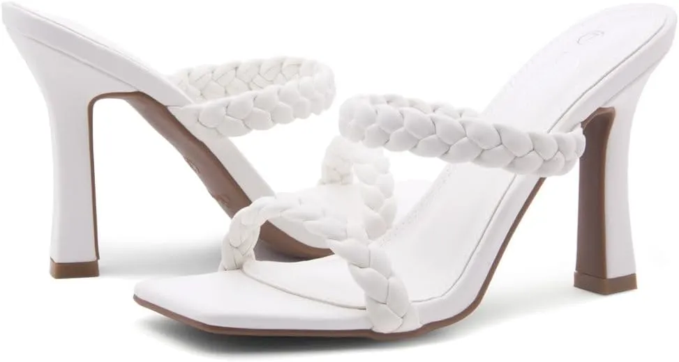 Shoe Land SL-Miley Women's Square Open Toe Heeled Mules Double Braided Strap Slide Sandals