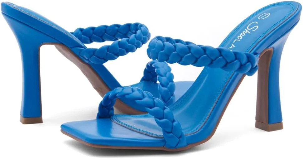 Shoe Land SL-Miley Women's Square Open Toe Heeled Mules Double Braided Strap Slide Sandals