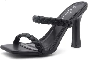Shoe Land SL-Miley Women's Square Open Toe Heeled Mules Double Braided Strap Slide Sandals