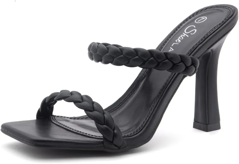 Shoe Land SL-Miley Women's Square Open Toe Heeled Mules Double Braided Strap Slide Sandals