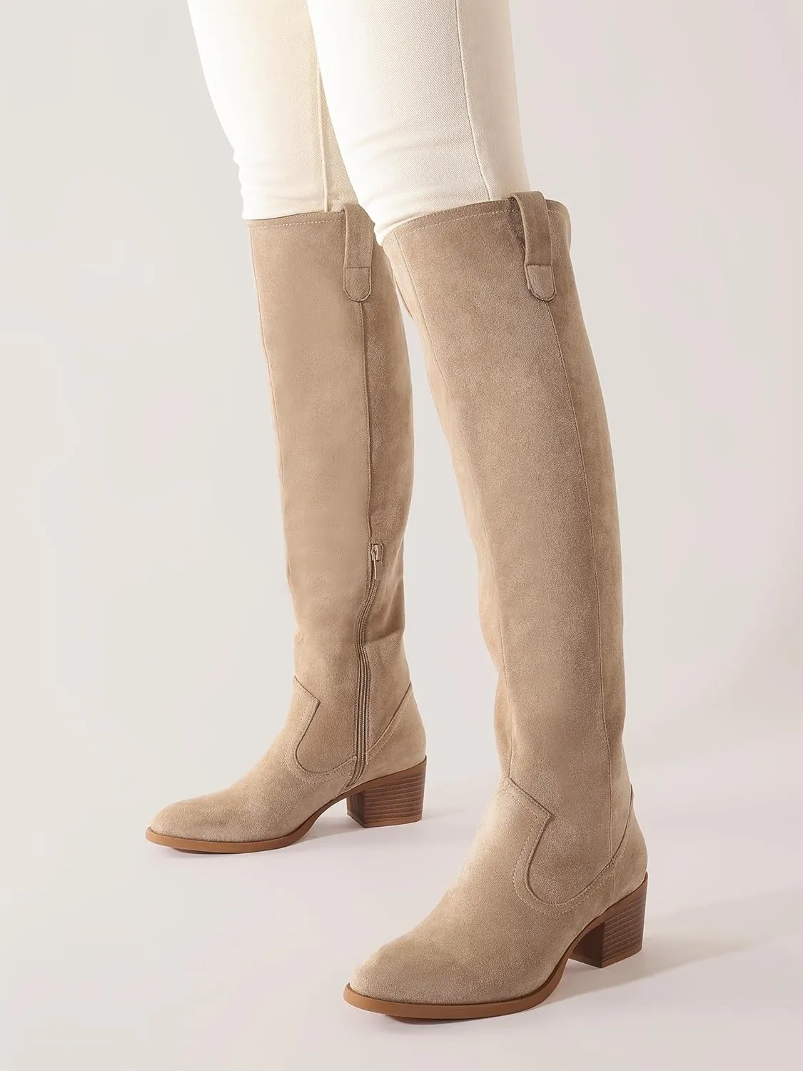 Shoe'N Tale Women's Over The Knee Thigh High Chunky Heel Pointed Toe Faux Suede Side Zipper Fall Weather Winter Boots