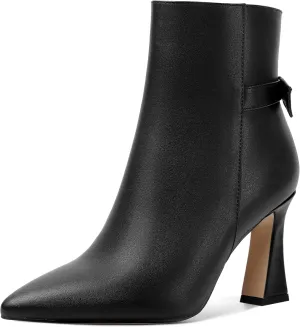 SHOWFOREST Womens Pointed Toe Solid Dating Zip Cold Weather Matte Block High Heel Ankle High Boots 3.3 Inch