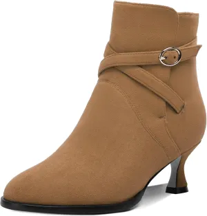 SHOWFOREST Womens Solid Cold Weather Dating Buckle Suede Ankle Strap Round Toe Kitten Low Heel Ankle High Boots 2 Inch
