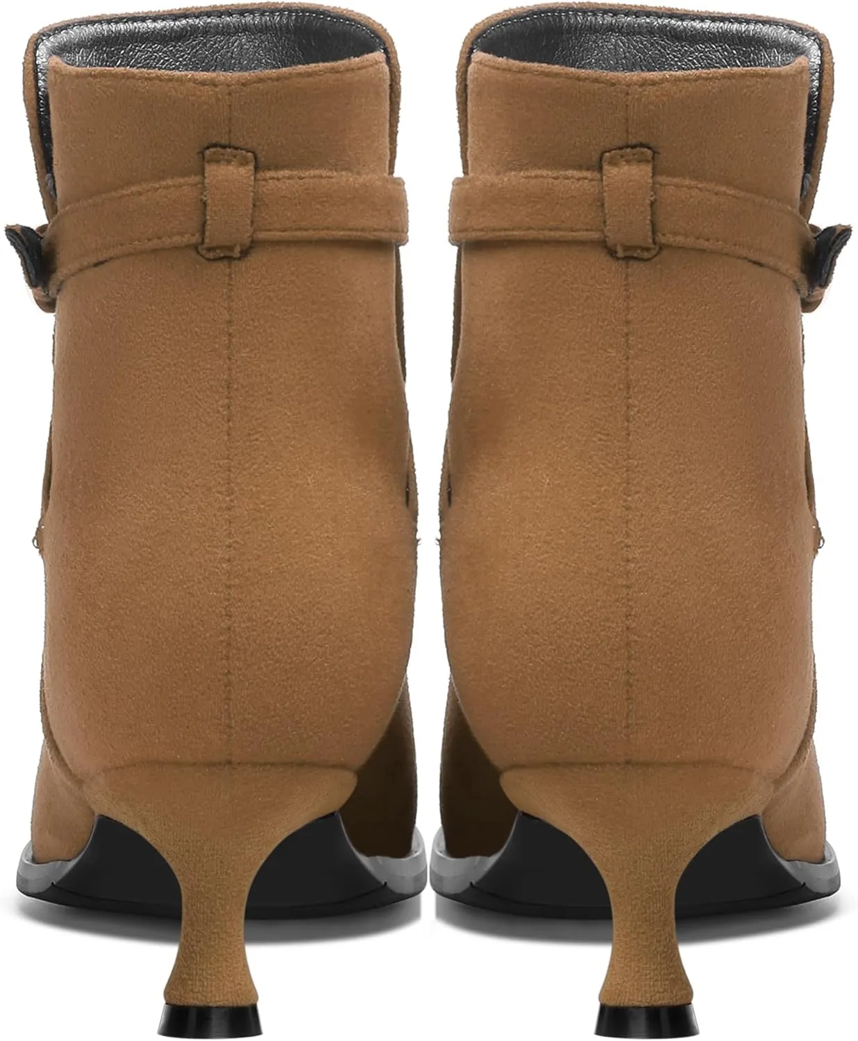 SHOWFOREST Womens Solid Cold Weather Dating Buckle Suede Ankle Strap Round Toe Kitten Low Heel Ankle High Boots 2 Inch