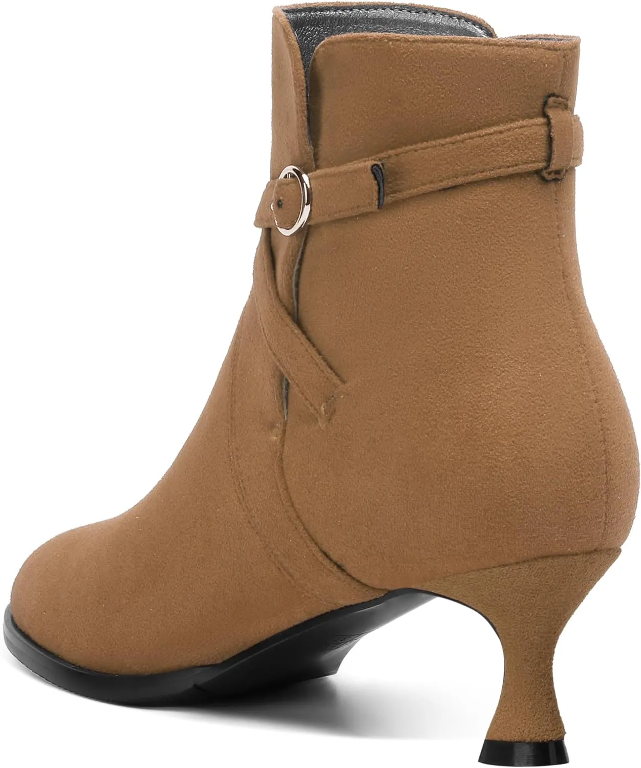 SHOWFOREST Womens Solid Cold Weather Dating Buckle Suede Ankle Strap Round Toe Kitten Low Heel Ankle High Boots 2 Inch