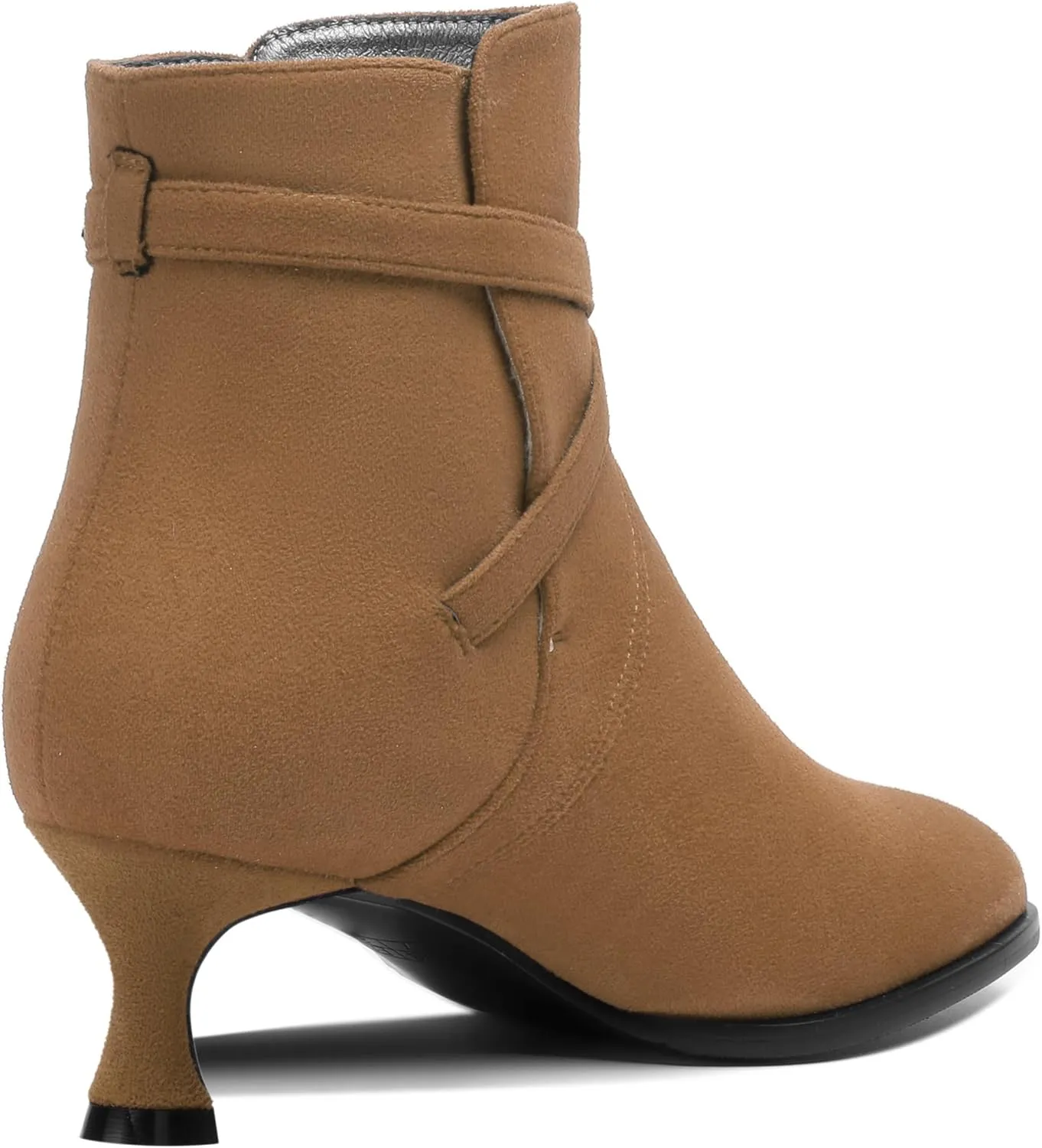 SHOWFOREST Womens Solid Cold Weather Dating Buckle Suede Ankle Strap Round Toe Kitten Low Heel Ankle High Boots 2 Inch