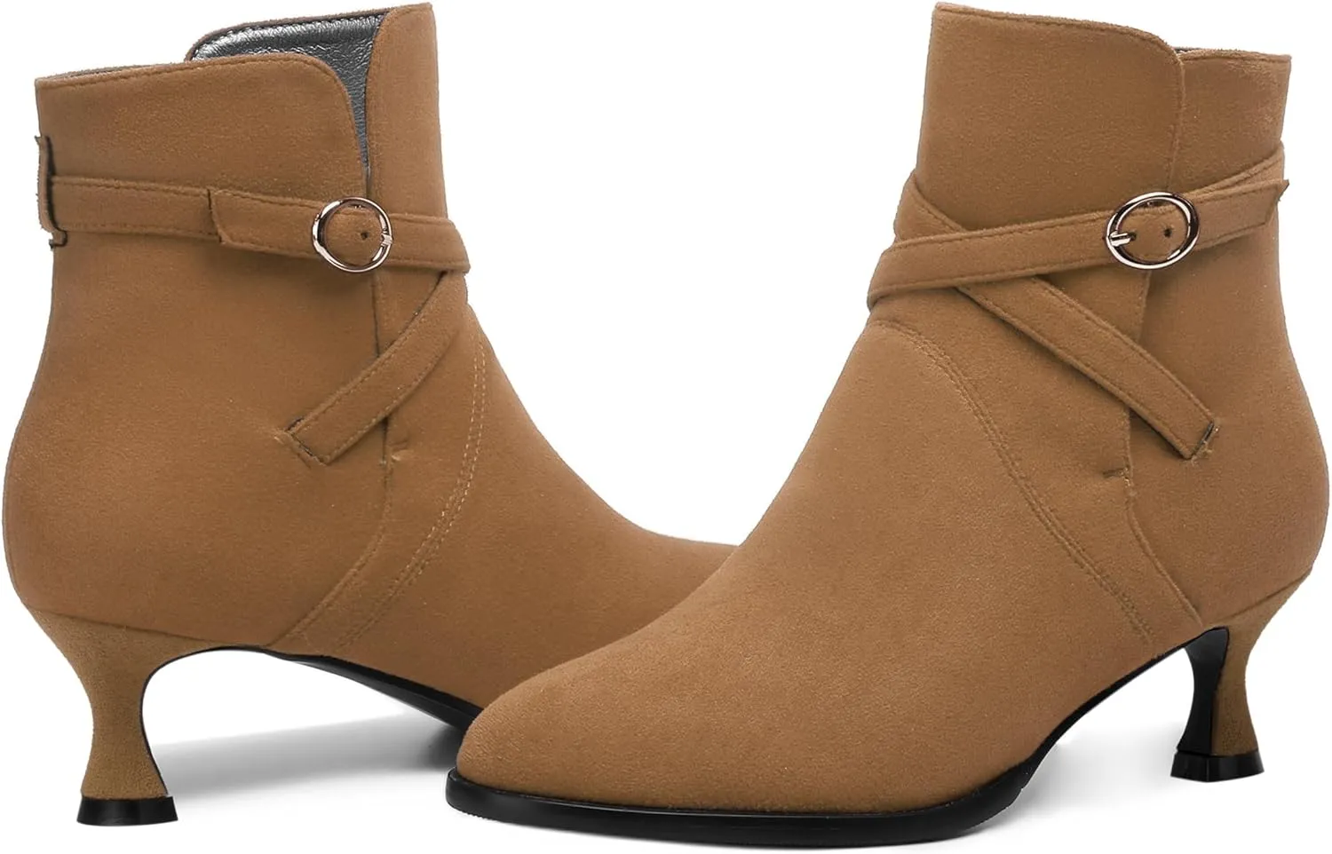 SHOWFOREST Womens Solid Cold Weather Dating Buckle Suede Ankle Strap Round Toe Kitten Low Heel Ankle High Boots 2 Inch