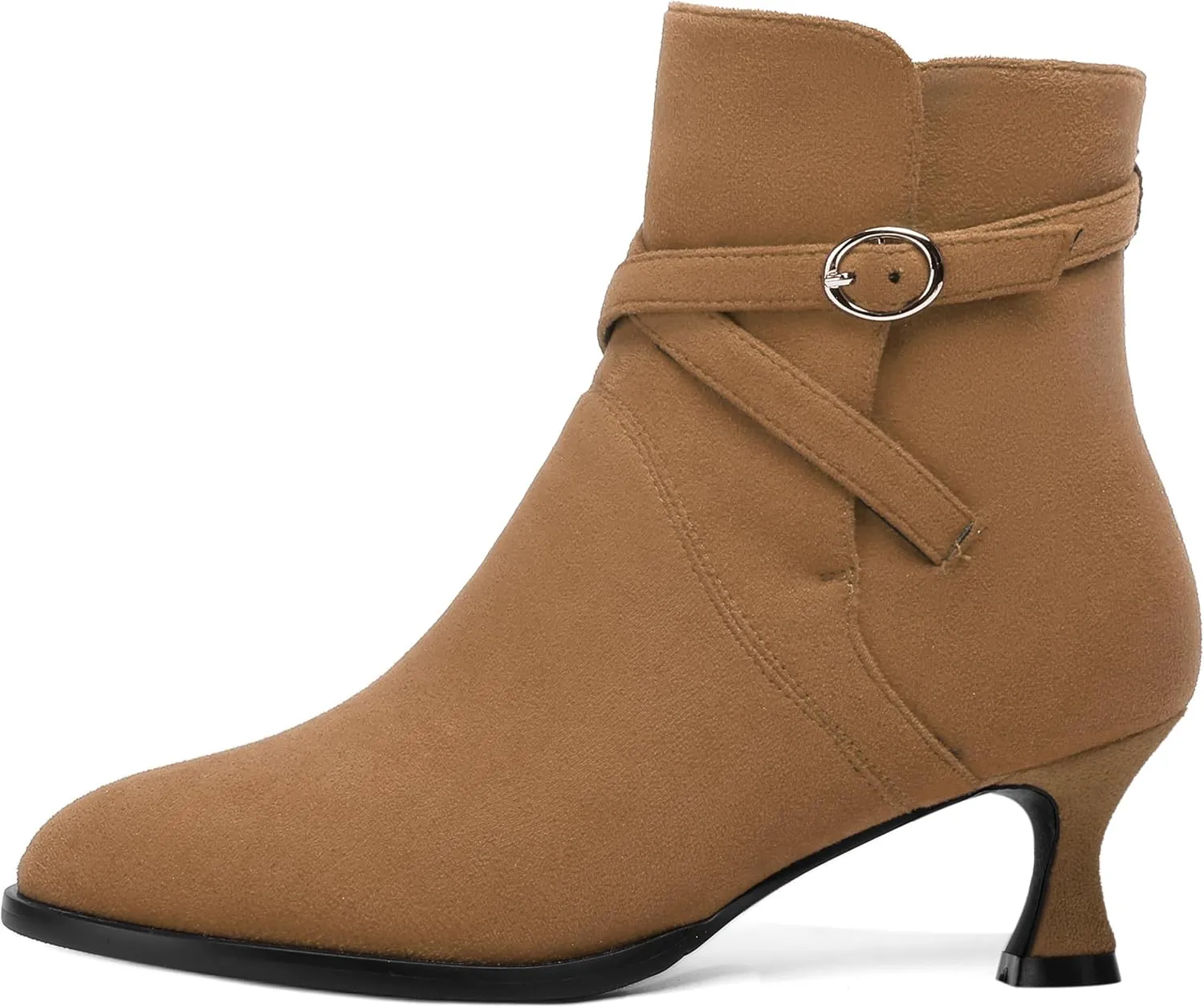 SHOWFOREST Womens Solid Cold Weather Dating Buckle Suede Ankle Strap Round Toe Kitten Low Heel Ankle High Boots 2 Inch