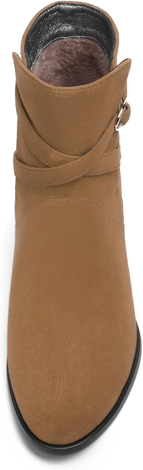 SHOWFOREST Womens Solid Cold Weather Dating Buckle Suede Ankle Strap Round Toe Kitten Low Heel Ankle High Boots 2 Inch