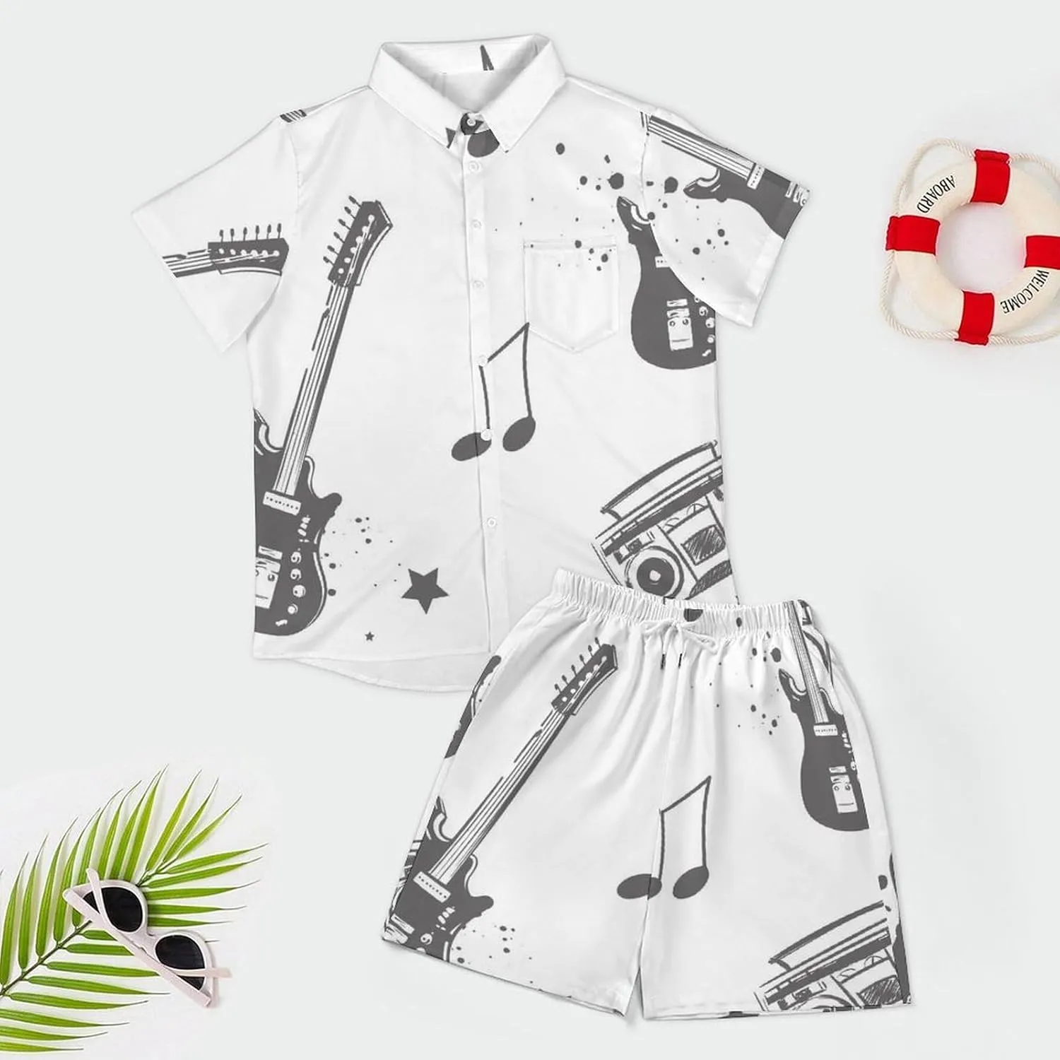 Sketch Style Electro GuitarMen's Two-piece Casual Short-sleeved Shirt Summer Loose Vacation Suit
