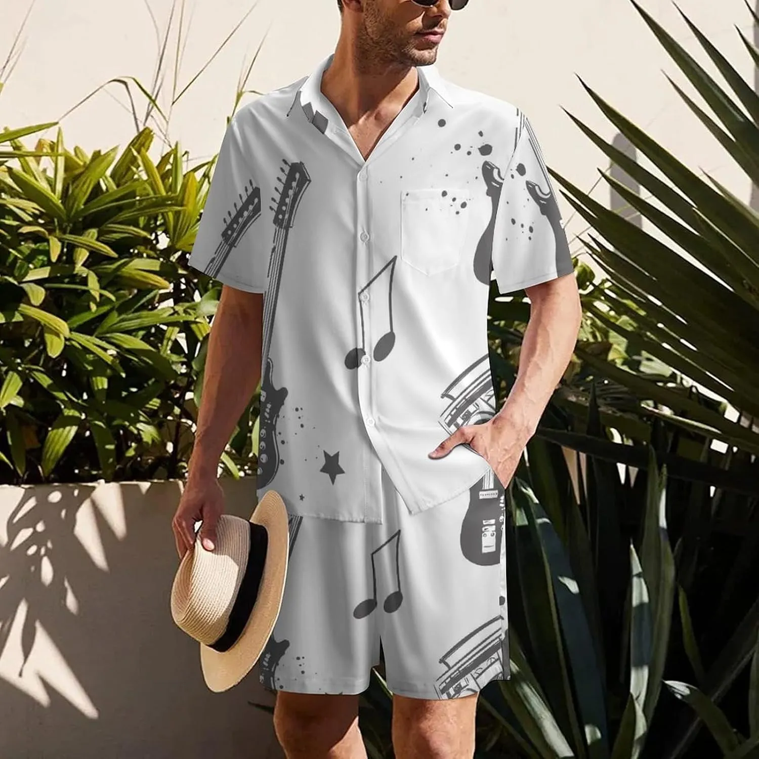 Sketch Style Electro GuitarMen's Two-piece Casual Short-sleeved Shirt Summer Loose Vacation Suit
