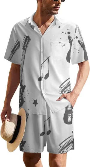 Sketch Style Electro GuitarMen's Two-piece Casual Short-sleeved Shirt Summer Loose Vacation Suit