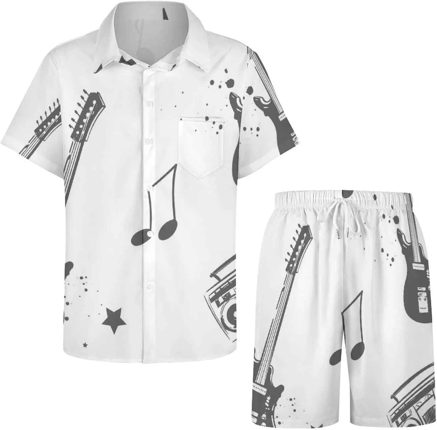 Sketch Style Electro GuitarMen's Two-piece Casual Short-sleeved Shirt Summer Loose Vacation Suit