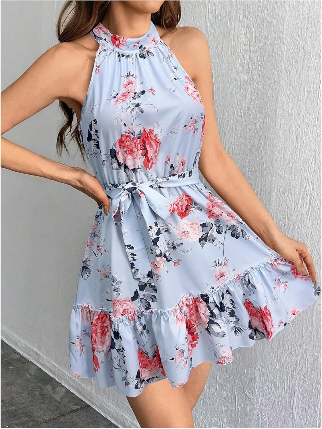 SOLY HUX Women's Elegant Floral Print Halter Dress Sleeveless Ruffle A Line Flowy Mini Dresses with Belt