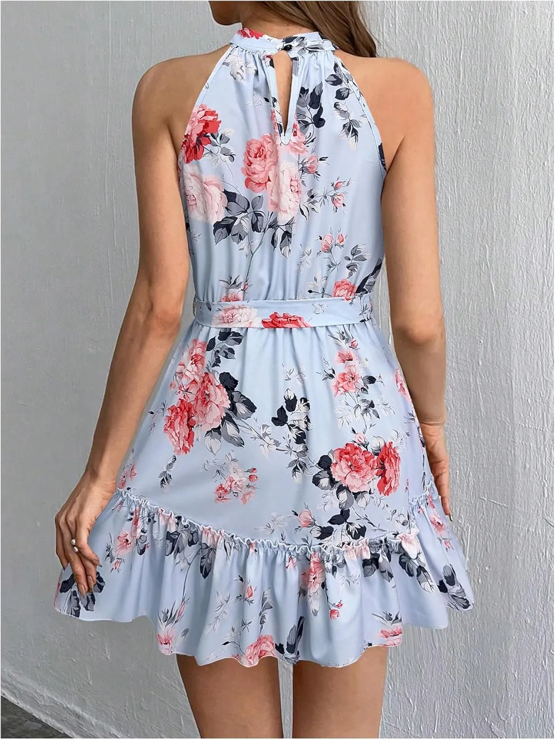 SOLY HUX Women's Elegant Floral Print Halter Dress Sleeveless Ruffle A Line Flowy Mini Dresses with Belt