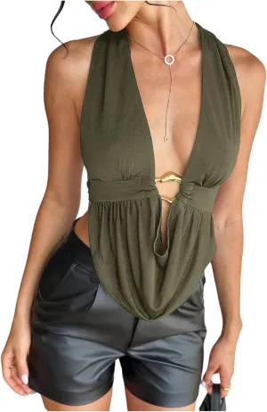 SOLY HUX Women's Sexy Halter Going Out Top Open Back Deep V Neck Sleeveless Vest Tank Tops Party Clubwear