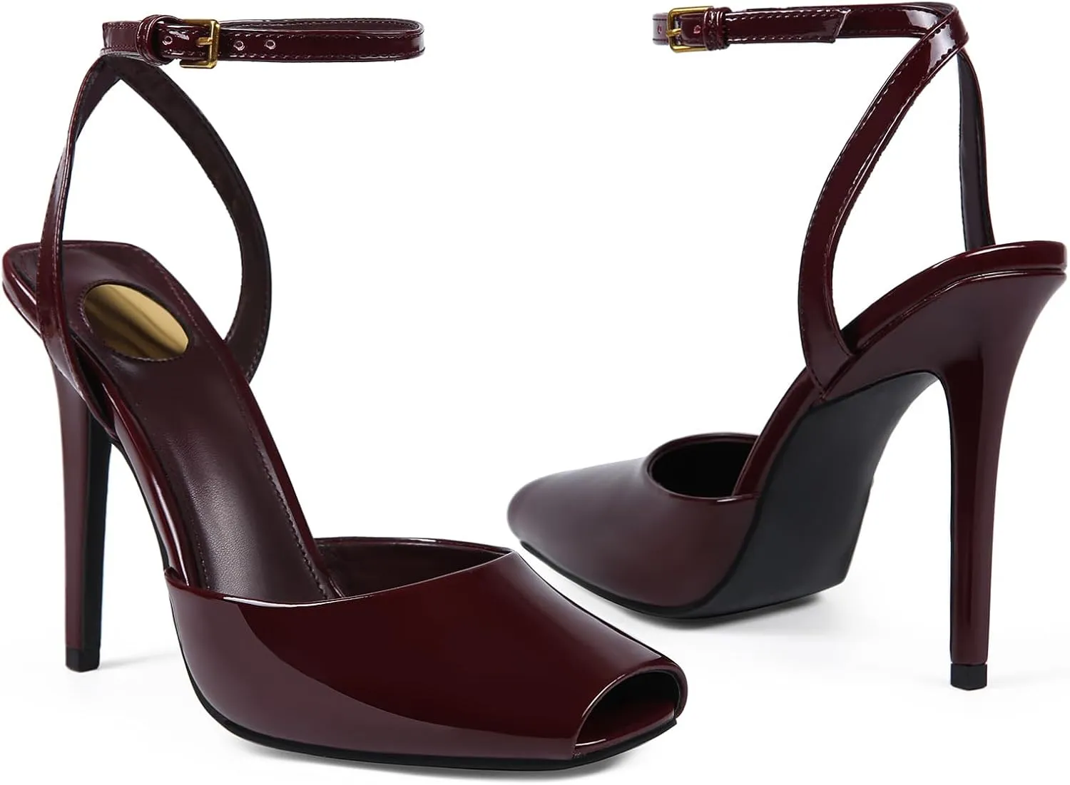 Square Open Toe Heeled Sandals for Women Patent Leather Stiletto High Heels Peep Toe Ankle Strap Backless Pumps Fashion Casual Dressy Party Shoes