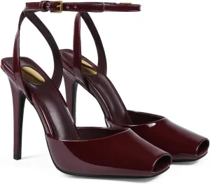Square Open Toe Heeled Sandals for Women Patent Leather Stiletto High Heels Peep Toe Ankle Strap Backless Pumps Fashion Casual Dressy Party Shoes