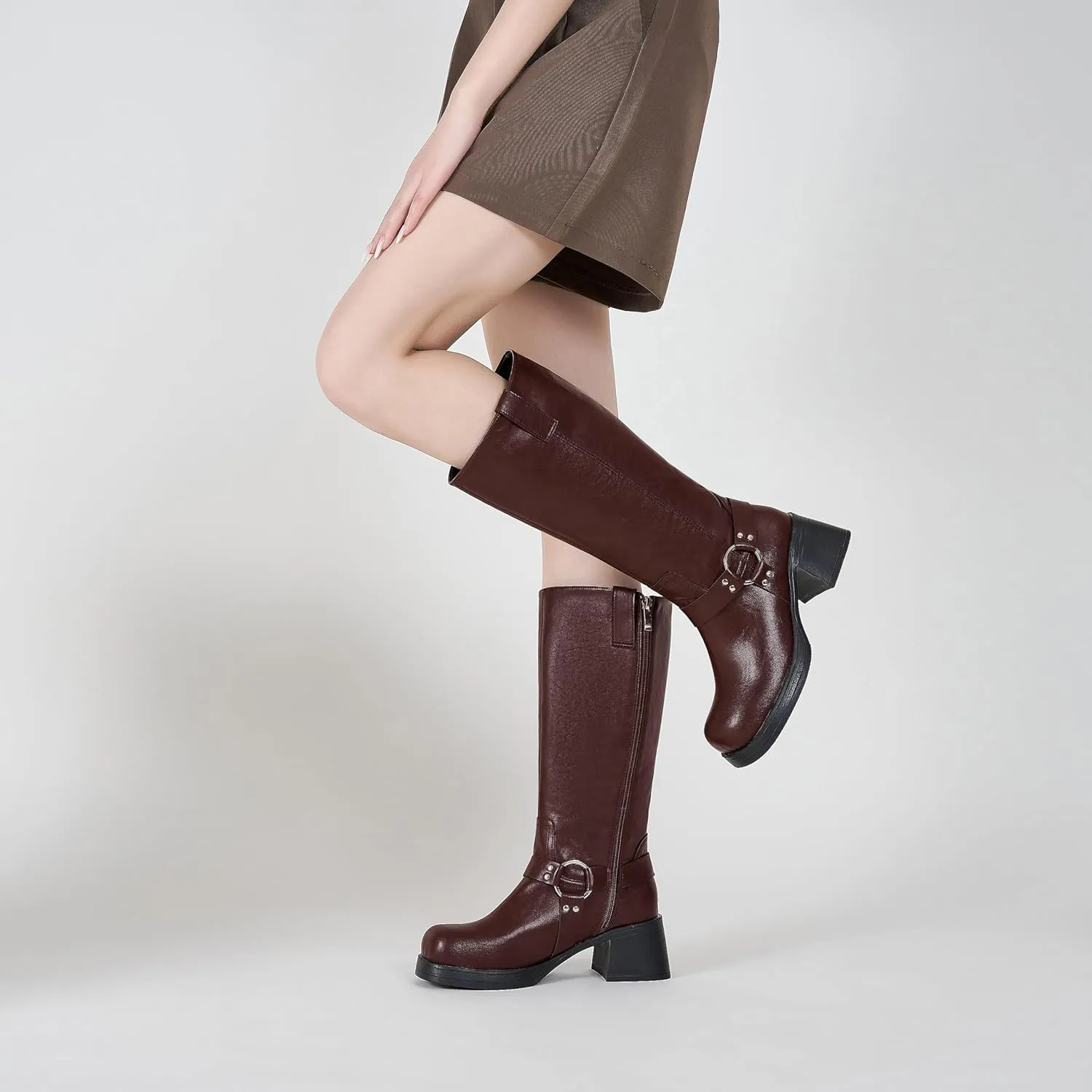 Studds Biker Boots for Women Chunky Heel Square Toe Suede Mid Calf Boot with Side Zipper Western Riding Boots
