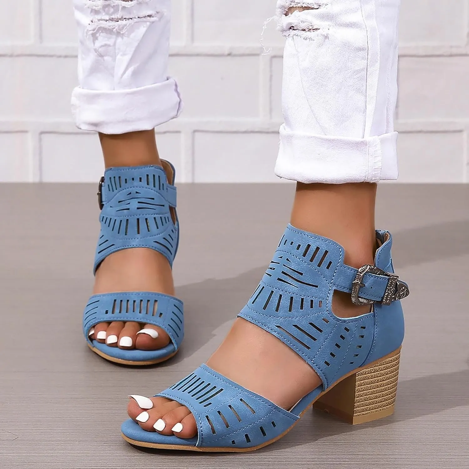 Summer Low Chunky Block Heeled Sandals for Women 2025 Cut Out Open Toe Zipper Block Summer Beach Dressy Party High Heeled Sandals Casual Beach Vacation Working Party Adjustable Ankle Strap Shoes