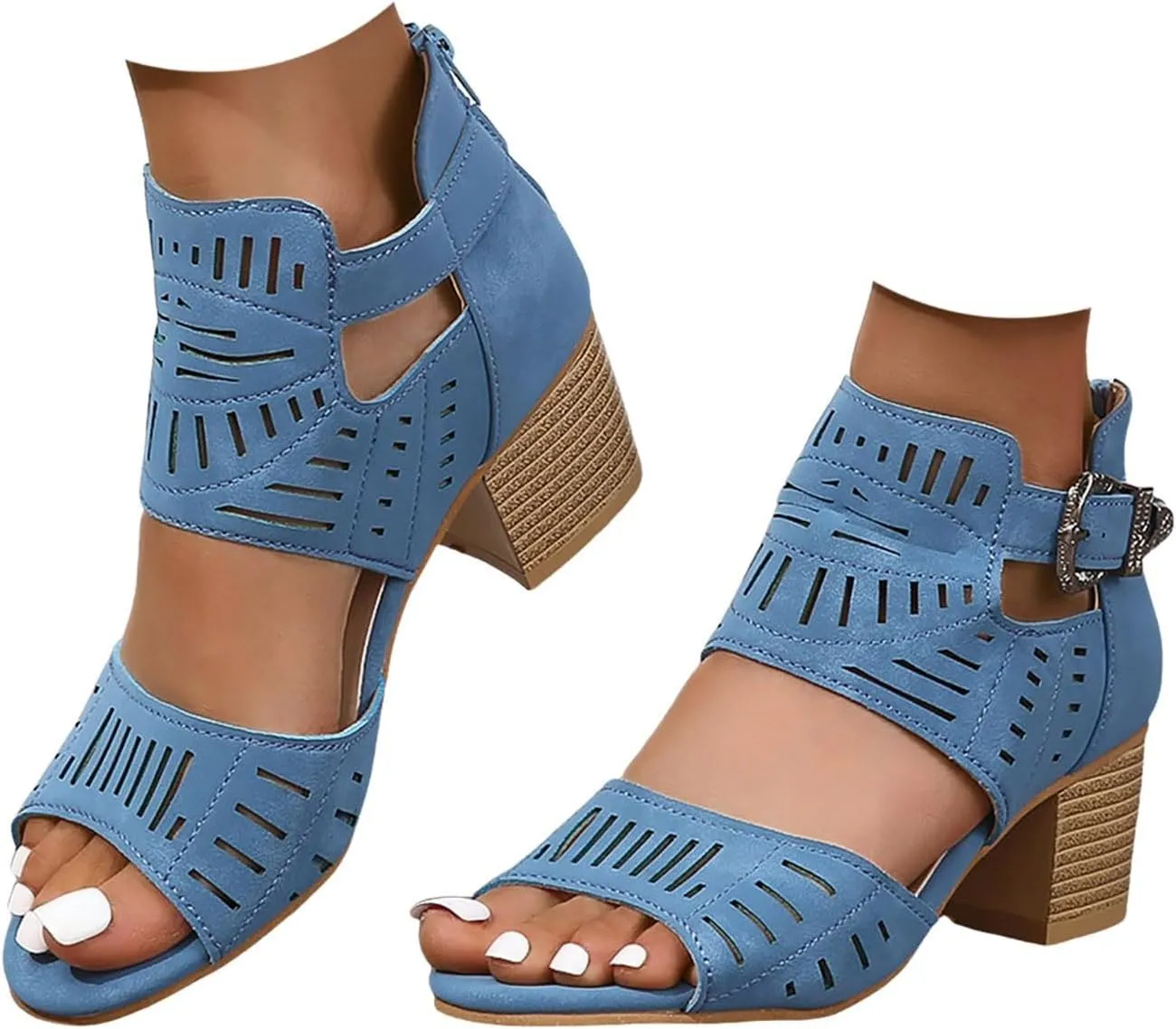 Summer Low Chunky Block Heeled Sandals for Women 2025 Cut Out Open Toe Zipper Block Summer Beach Dressy Party High Heeled Sandals Casual Beach Vacation Working Party Adjustable Ankle Strap Shoes