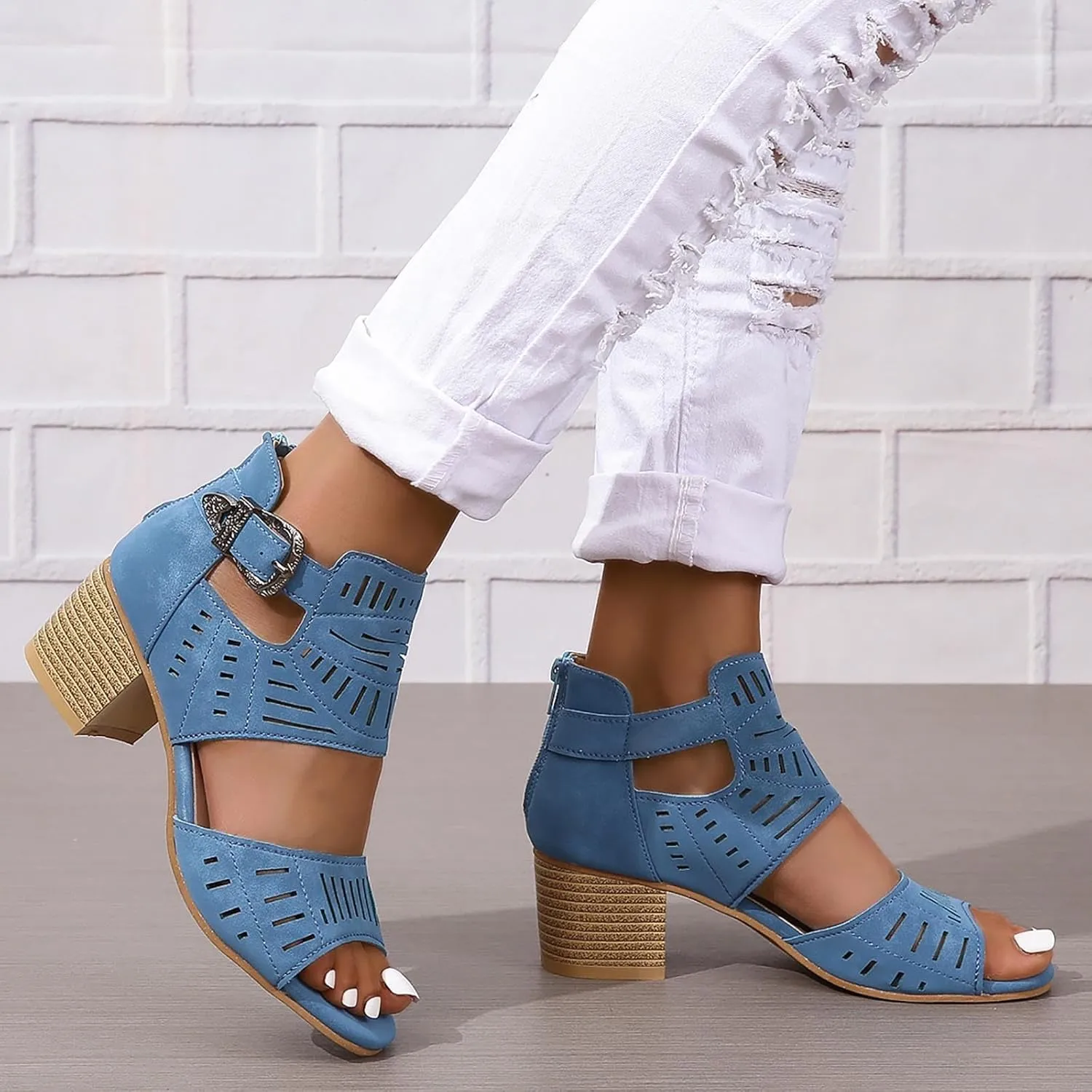 Summer Low Chunky Block Heeled Sandals for Women 2025 Cut Out Open Toe Zipper Block Summer Beach Dressy Party High Heeled Sandals Casual Beach Vacation Working Party Adjustable Ankle Strap Shoes