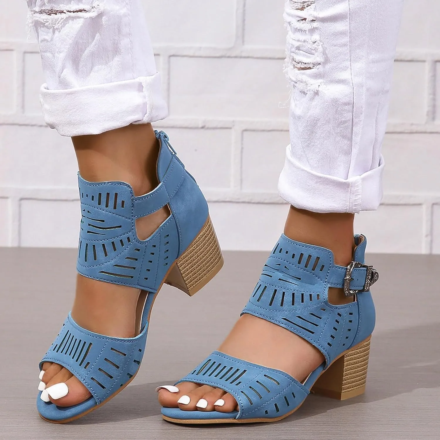 Summer Low Chunky Block Heeled Sandals for Women 2025 Cut Out Open Toe Zipper Block Summer Beach Dressy Party High Heeled Sandals Casual Beach Vacation Working Party Adjustable Ankle Strap Shoes