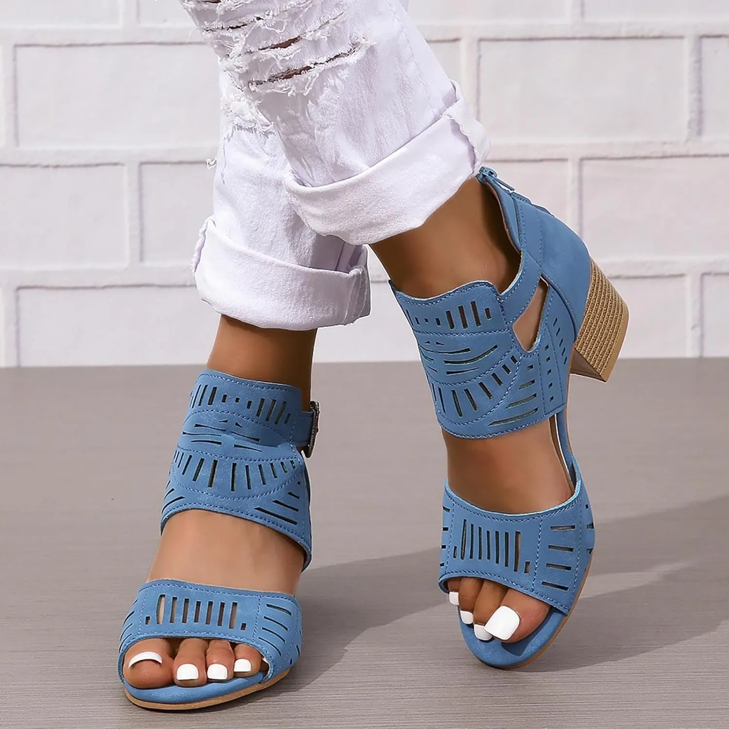 Summer Low Chunky Block Heeled Sandals for Women 2025 Cut Out Open Toe Zipper Block Summer Beach Dressy Party High Heeled Sandals Casual Beach Vacation Working Party Adjustable Ankle Strap Shoes