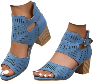 Summer Low Chunky Block Heeled Sandals for Women 2025 Cut Out Open Toe Zipper Block Summer Beach Dressy Party High Heeled Sandals Casual Beach Vacation Working Party Adjustable Ankle Strap Shoes