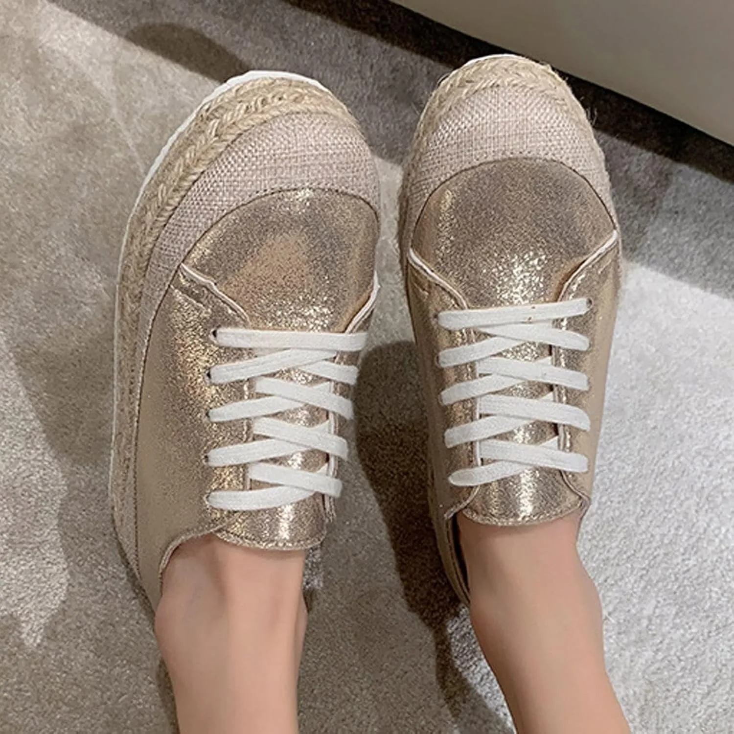 Summer New Low Top Women's Casual Shoes Sequin Linen Woven Thick Sole Round Toe Lace Up Womens Casual Slip on Shoes (Gold, 7.5)