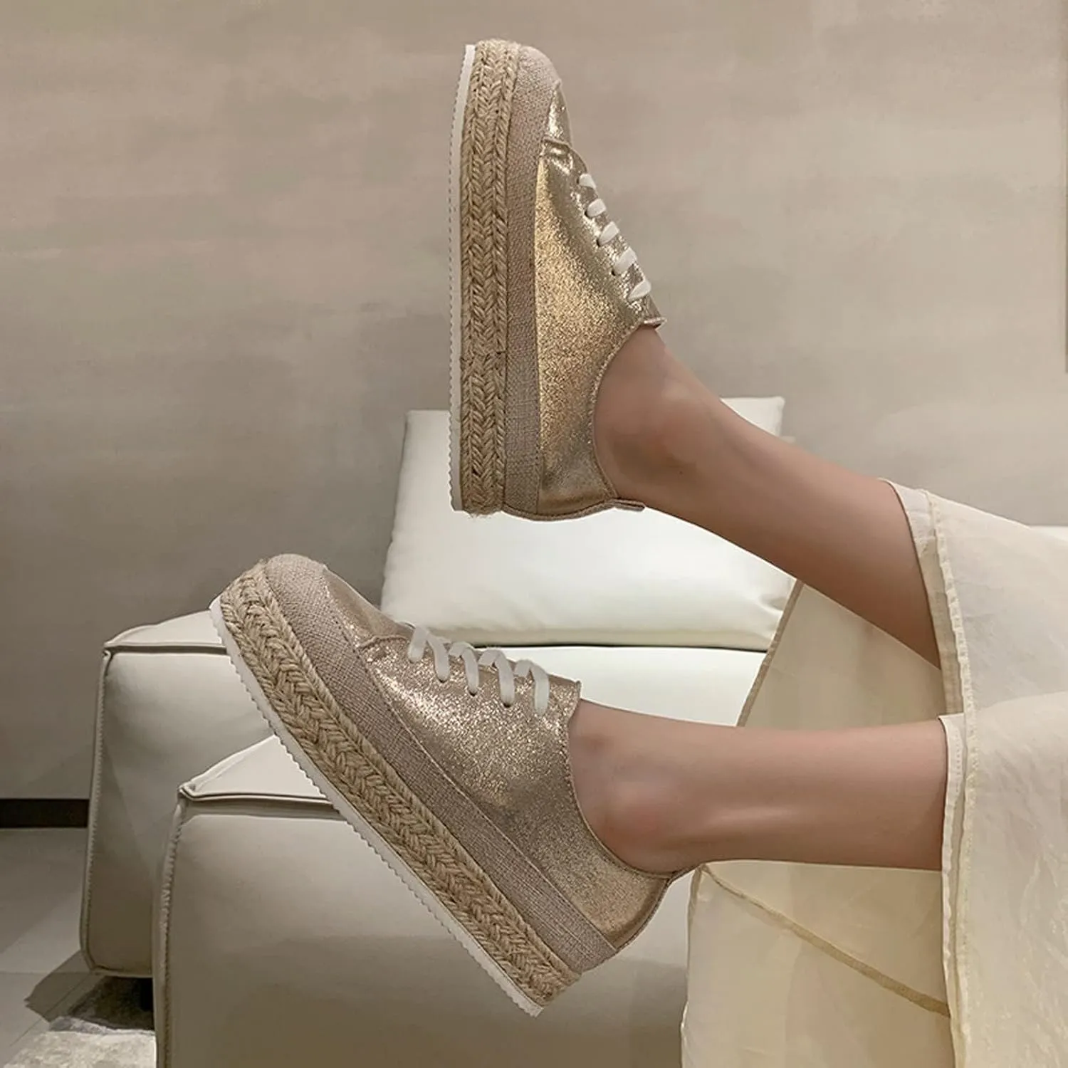 Summer New Low Top Women's Casual Shoes Sequin Linen Woven Thick Sole Round Toe Lace Up Womens Casual Slip on Shoes (Gold, 7.5)