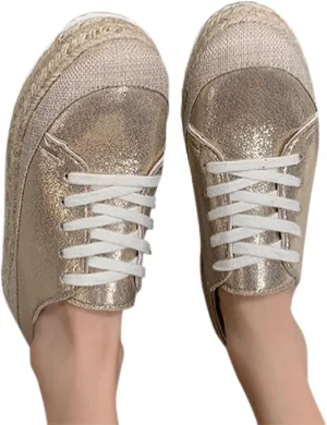 Summer New Low Top Women's Casual Shoes Sequin Linen Woven Thick Sole Round Toe Lace Up Womens Casual Slip on Shoes (Gold, 7.5)