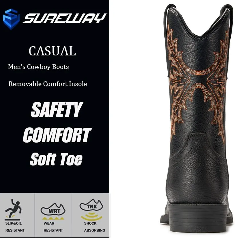 SUREWAY Western Boots For Men - Mens Square Toe Cowboy Boot,Oil/Slip Resistant,Durable Fashionable Classic Pull on 10 Inch Boots Mid Calf Wellington Boots