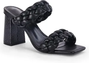 Syktkmx Womens Braided Heeled Sandals Double Strap Heels Backless Square Open Toe Block Slides