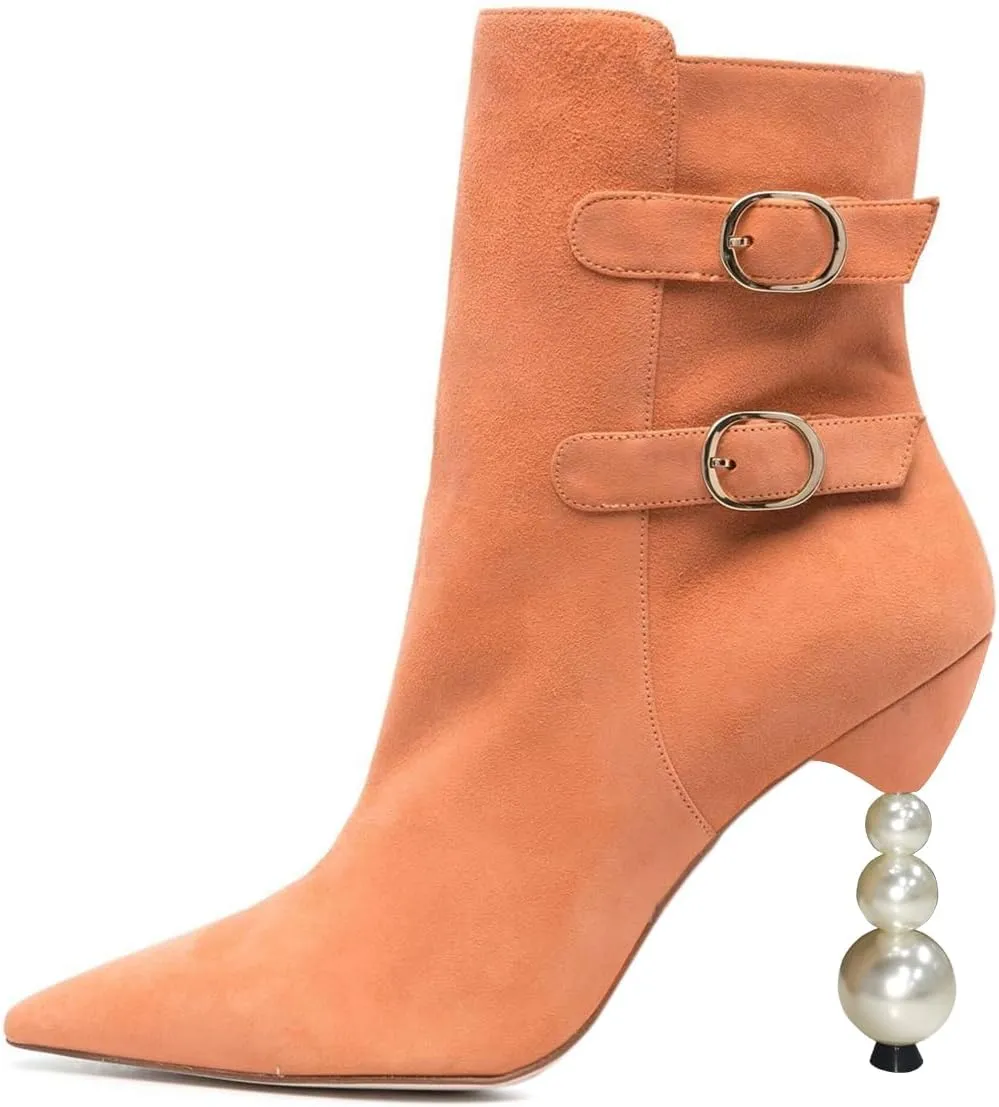 Tang'scuisins Women Pointed Toe Buckled Ankle Boots Side Zipper Pearl High Heels Dress Party All Weather Booties Size 4-16 US