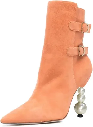 Tang'scuisins Women Pointed Toe Buckled Ankle Boots Side Zipper Pearl High Heels Dress Party All Weather Booties Size 4-16 US