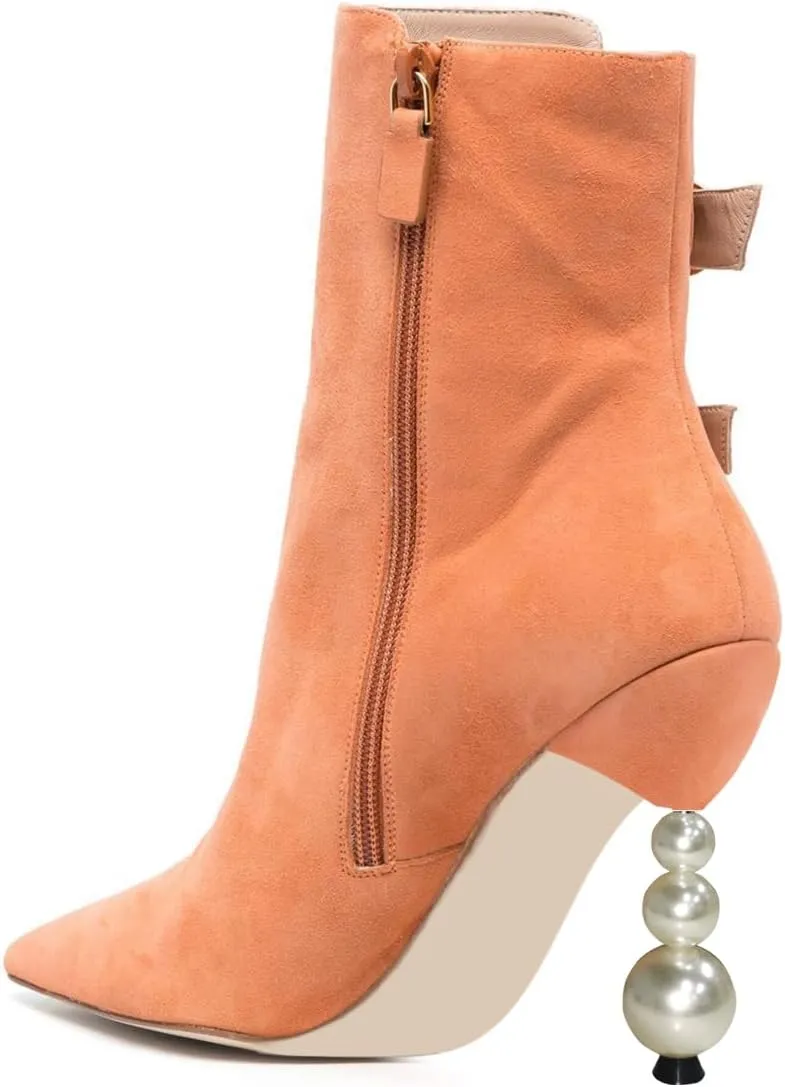 Tang'scuisins Women Pointed Toe Buckled Ankle Boots Side Zipper Pearl High Heels Dress Party All Weather Booties Size 4-16 US