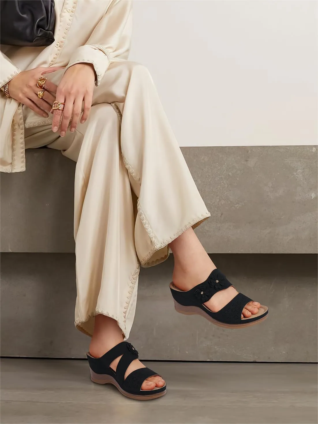 TEMOFON Wedge Sandals for Women Summer: Dressy Low Heel Sandals Black/Navy/White, Comfortable Walking, Arch support, Casual Slip on Summer Shoes, Size 5-11
