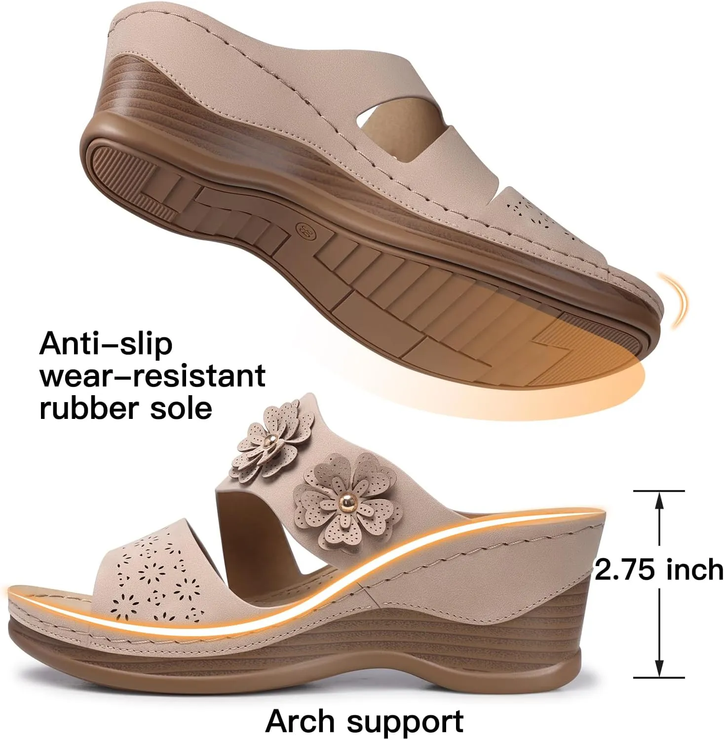 TEMOFON Wedge Sandals for Women Summer: Dressy Low Heel Sandals Black/Navy/White, Comfortable Walking, Arch support, Casual Slip on Summer Shoes, Size 5-11