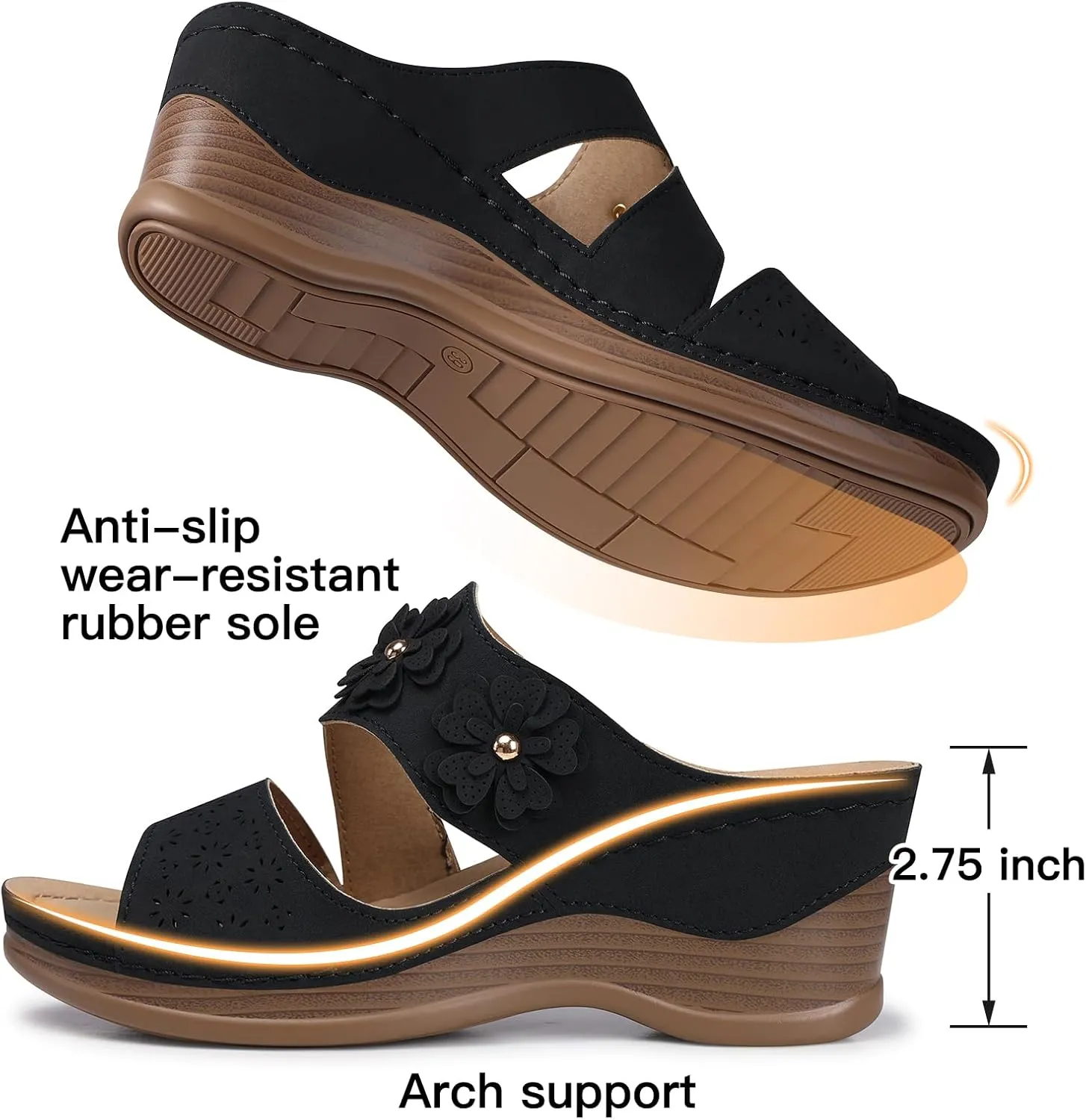 TEMOFON Wedge Sandals for Women Summer: Dressy Low Heel Sandals Black/Navy/White, Comfortable Walking, Arch support, Casual Slip on Summer Shoes, Size 5-11