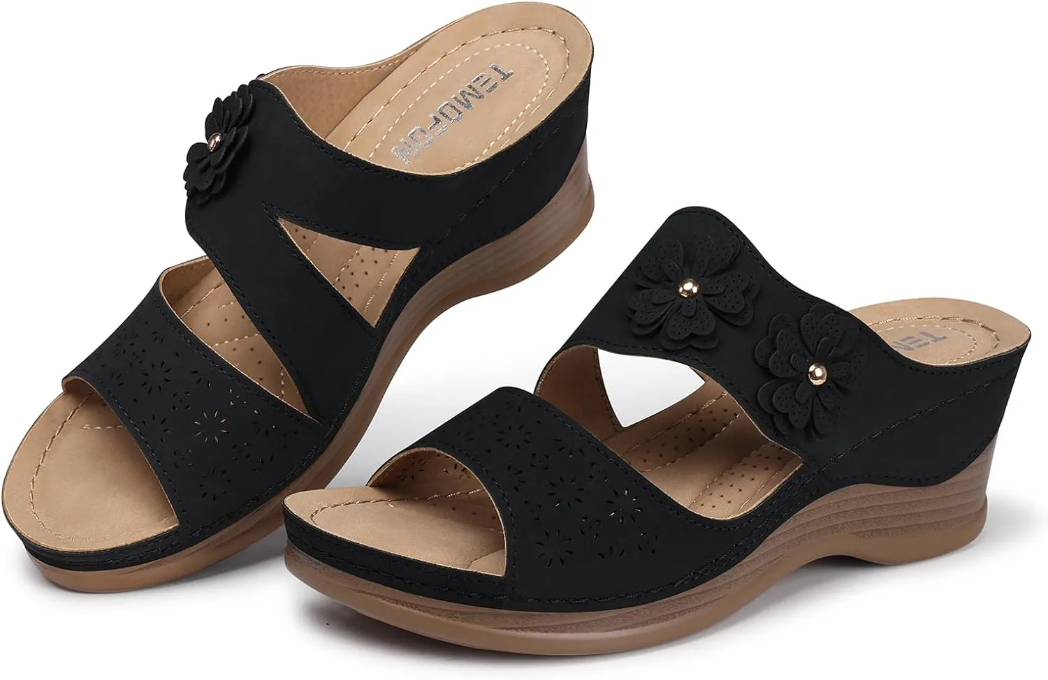 TEMOFON Wedge Sandals for Women Summer: Dressy Low Heel Sandals Black/Navy/White, Comfortable Walking, Arch support, Casual Slip on Summer Shoes, Size 5-11