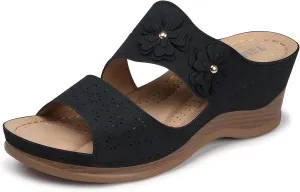 TEMOFON Wedge Sandals for Women Summer: Dressy Low Heel Sandals Black/Navy/White, Comfortable Walking, Arch support, Casual Slip on Summer Shoes, Size 5-11