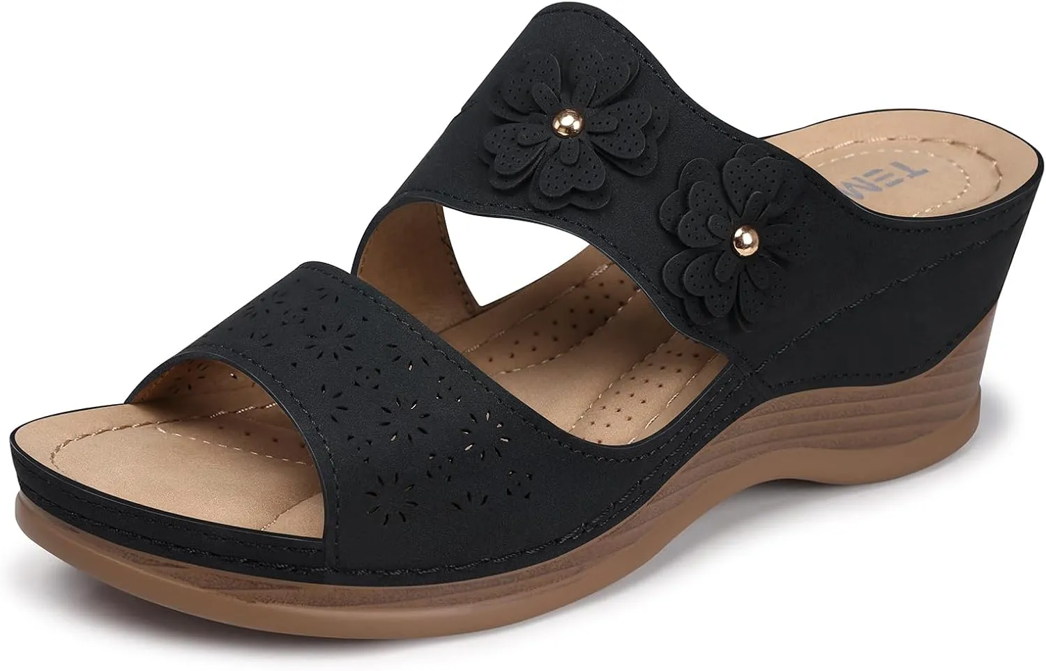 TEMOFON Wedge Sandals for Women Summer: Dressy Low Heel Sandals Black/Navy/White, Comfortable Walking, Arch support, Casual Slip on Summer Shoes, Size 5-11