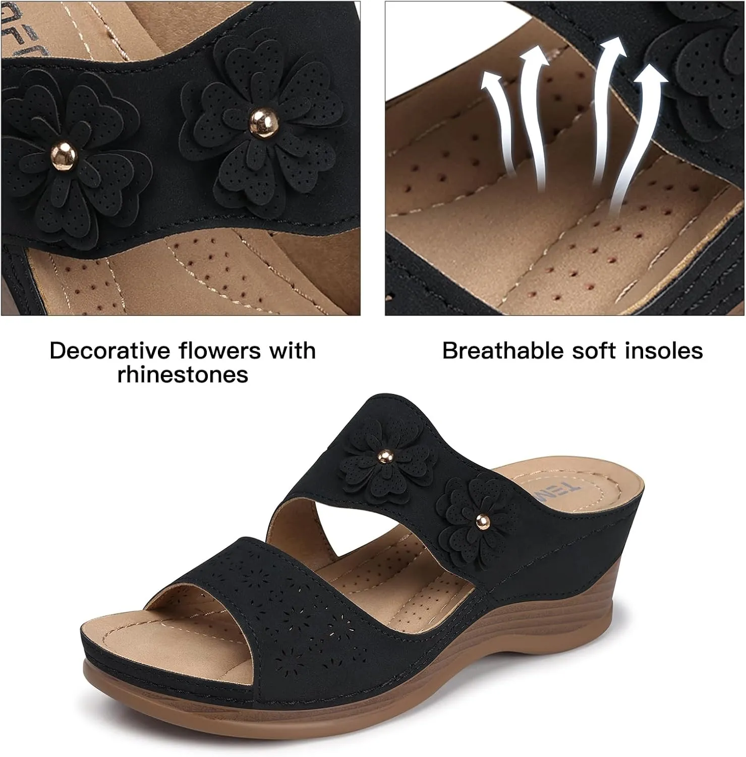 TEMOFON Wedge Sandals for Women Summer: Dressy Low Heel Sandals Black/Navy/White, Comfortable Walking, Arch support, Casual Slip on Summer Shoes, Size 5-11