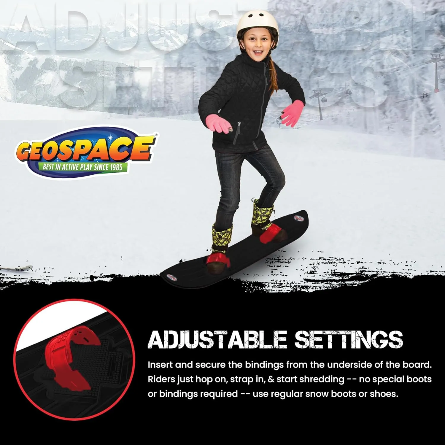 The Original Geospace Sledsterz Kids Beginner Snowboard for Winter Fun on Snow, with Adjustable Step-in Bindings; for Kids Between 4 to 12 Years Old