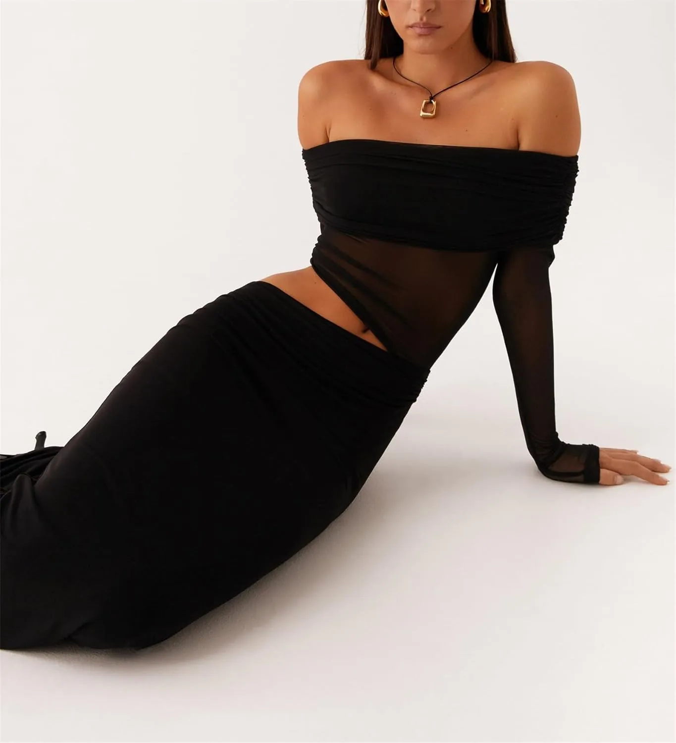 Thopavenoir Women's Sexy Sheer Mesh Off Shoulder Maxi Dress See Through Ruched Long Sleeve Dresses Elegant Bodycon Sundress