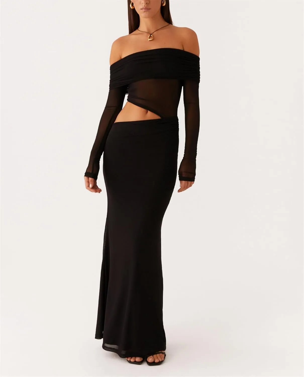 Thopavenoir Women's Sexy Sheer Mesh Off Shoulder Maxi Dress See Through Ruched Long Sleeve Dresses Elegant Bodycon Sundress