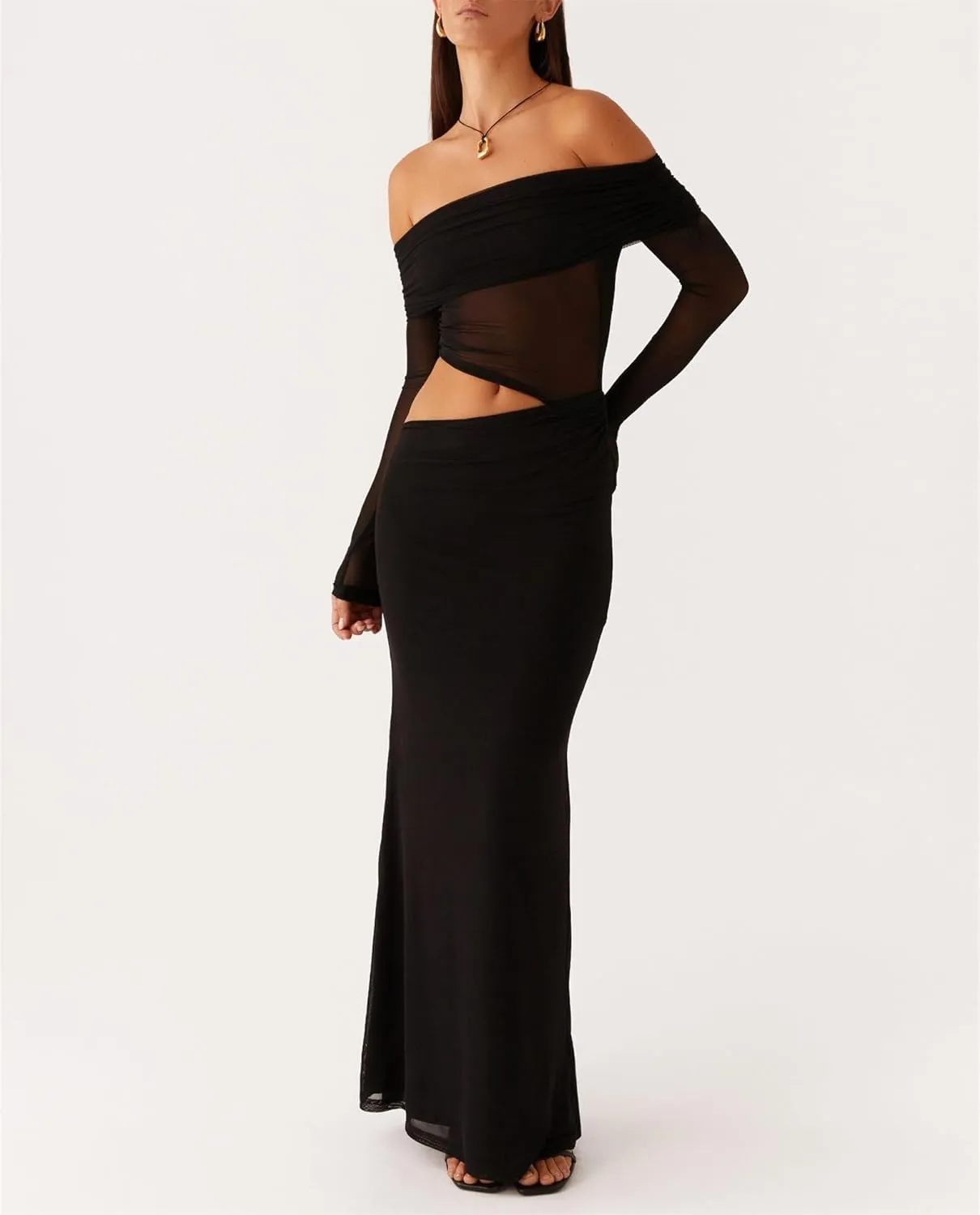 Thopavenoir Women's Sexy Sheer Mesh Off Shoulder Maxi Dress See Through Ruched Long Sleeve Dresses Elegant Bodycon Sundress